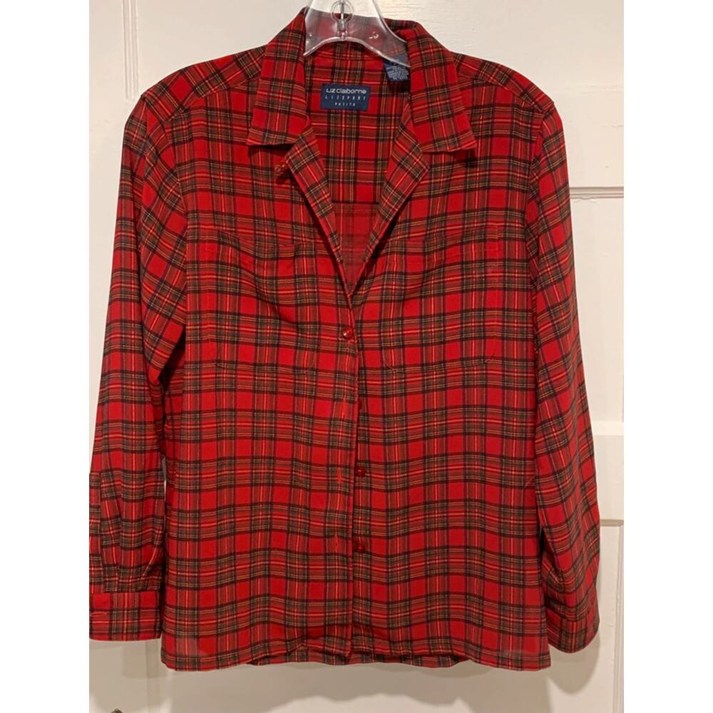 Liz Claiborne Lizsport Petite Plaid Red Polyester Button-Down Blouse Size Small